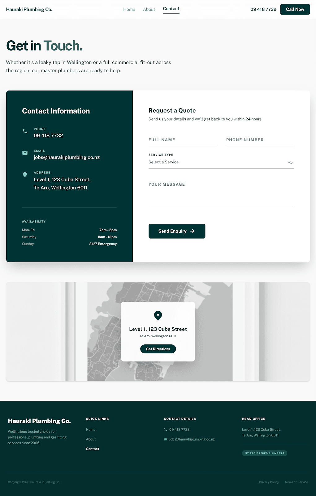 Hauraki Plumbing Co. — Contact page